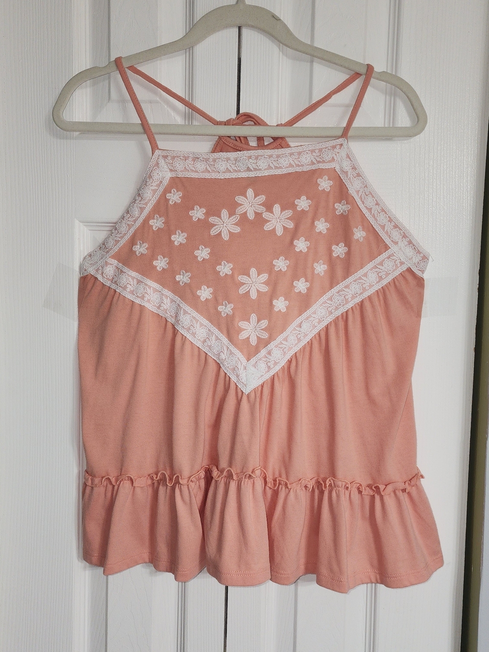 Embroidered Floral Lace Trim Peach Pink Halter Camisole Size L